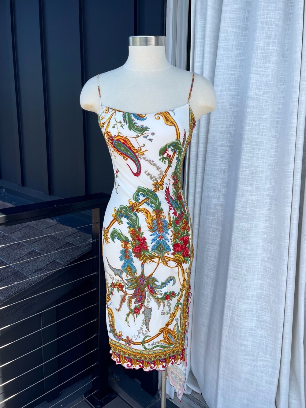 Yigal Azrouel White Slip Midi Dress with Multicolor Baroque Print